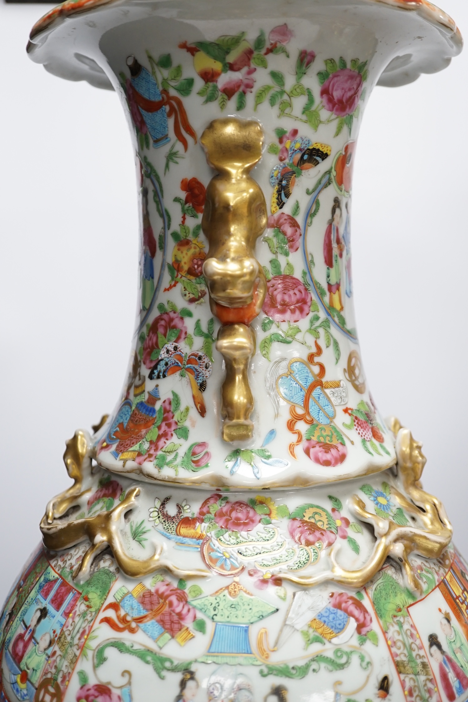 A pair of 19th century large Chinese Canton vases mounted as lamps, 59cm excluding lamp fittings